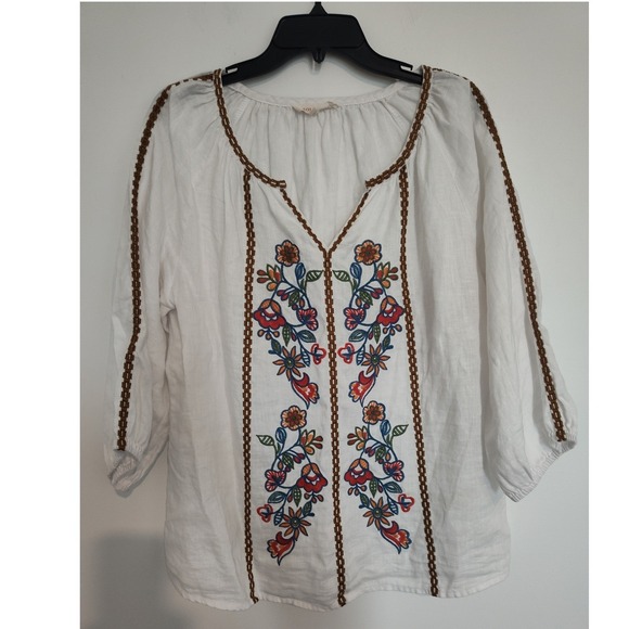 Solitaire Tops - Solitaire White‎ 100% Linen Floral Embroidered Peasant Blouse Top Large 22-1095